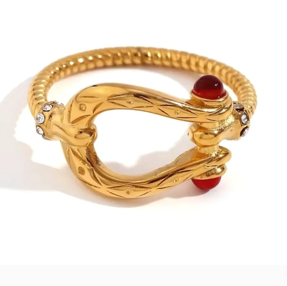 18k Gold Plated Horsebit Equestrian Ruby Cabochon Ring